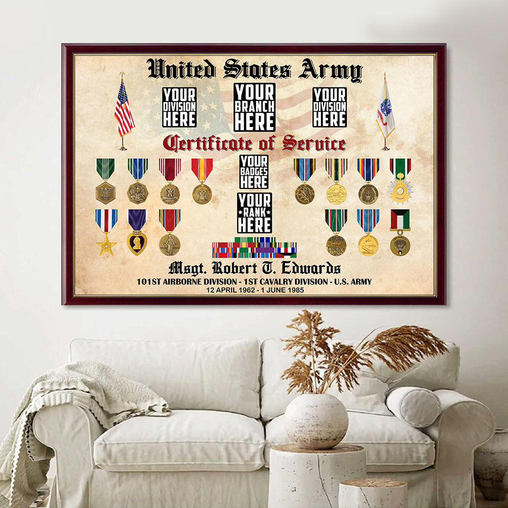 Certificate Of Service Shadow Box Print Personalized Poster Canvas For Veteran Dad Grandpa Made To Order For Office Or Game Room H2511