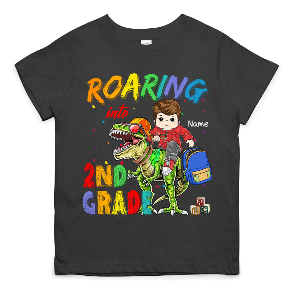 Roaring Into Kindergarten Riding Dinosaurs Personalized Shirt For Kids