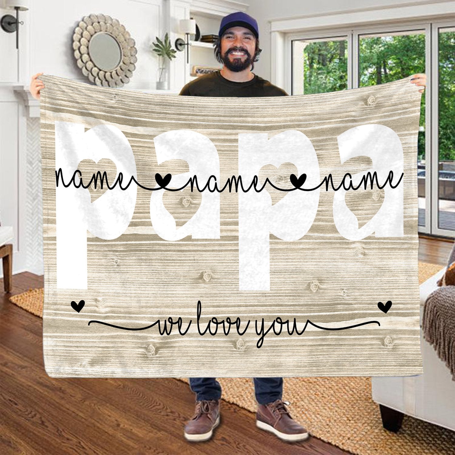 Papa We Love You Grandkids Names Wood Custom Blanket Gift For Grandpa