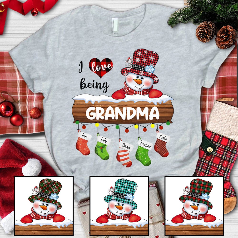 Personalized I Love Being Grandma Snowman Stockings Christmas Shirt