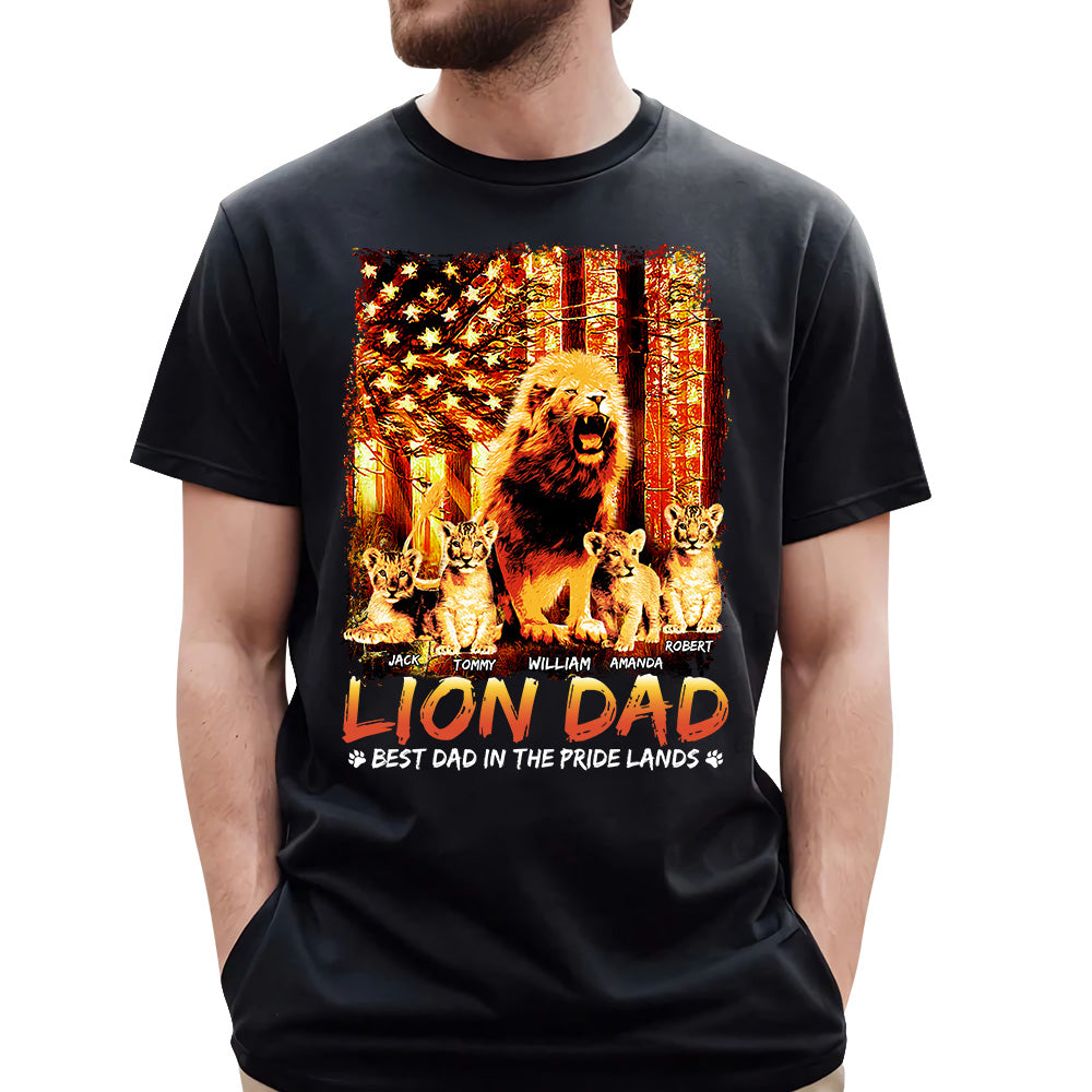 Lion Dad Best Dad In The Pride Lands The Sun American Flag Personalized Shirt For Dad Grandpa Father's Day Gift H2511
