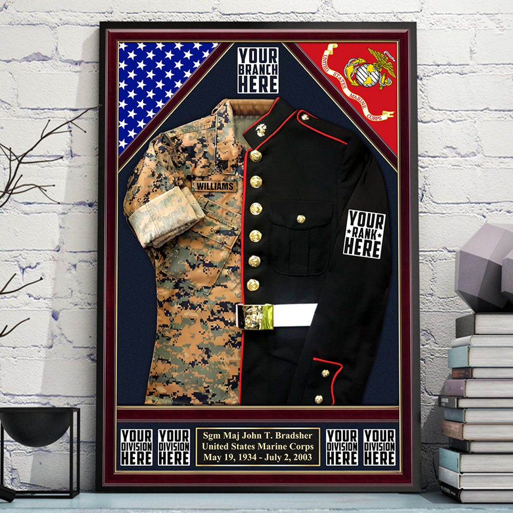 U.S. Military Shadow Boxes Camouflage and Dress Blues Uniform Personalized Poster Canvas For Military Veteran H2511