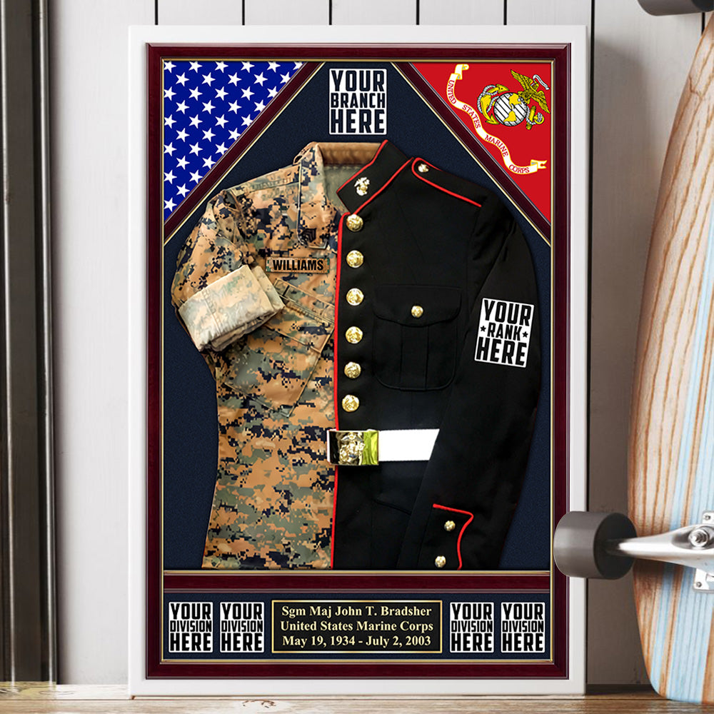 U.S. Military Shadow Boxes Camouflage and Dress Blues Uniform Personalized Poster Canvas For Military Veteran H2511