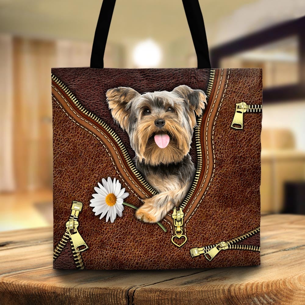 Yorkshire Terrier Holding Daisy Flower Leather Pattern Tote Bag Cute Yorkshire Terrier Daisy Flower Leather Pattern Tote Bag