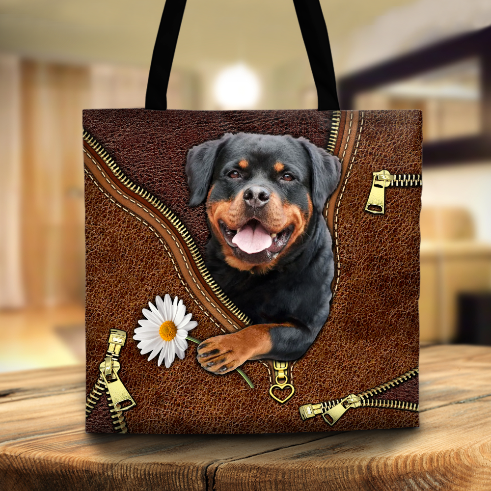 Rottweiler Holding Daisy, Printed Leather Pattern, Tote Bag For Dog Mom, Dog Lovers