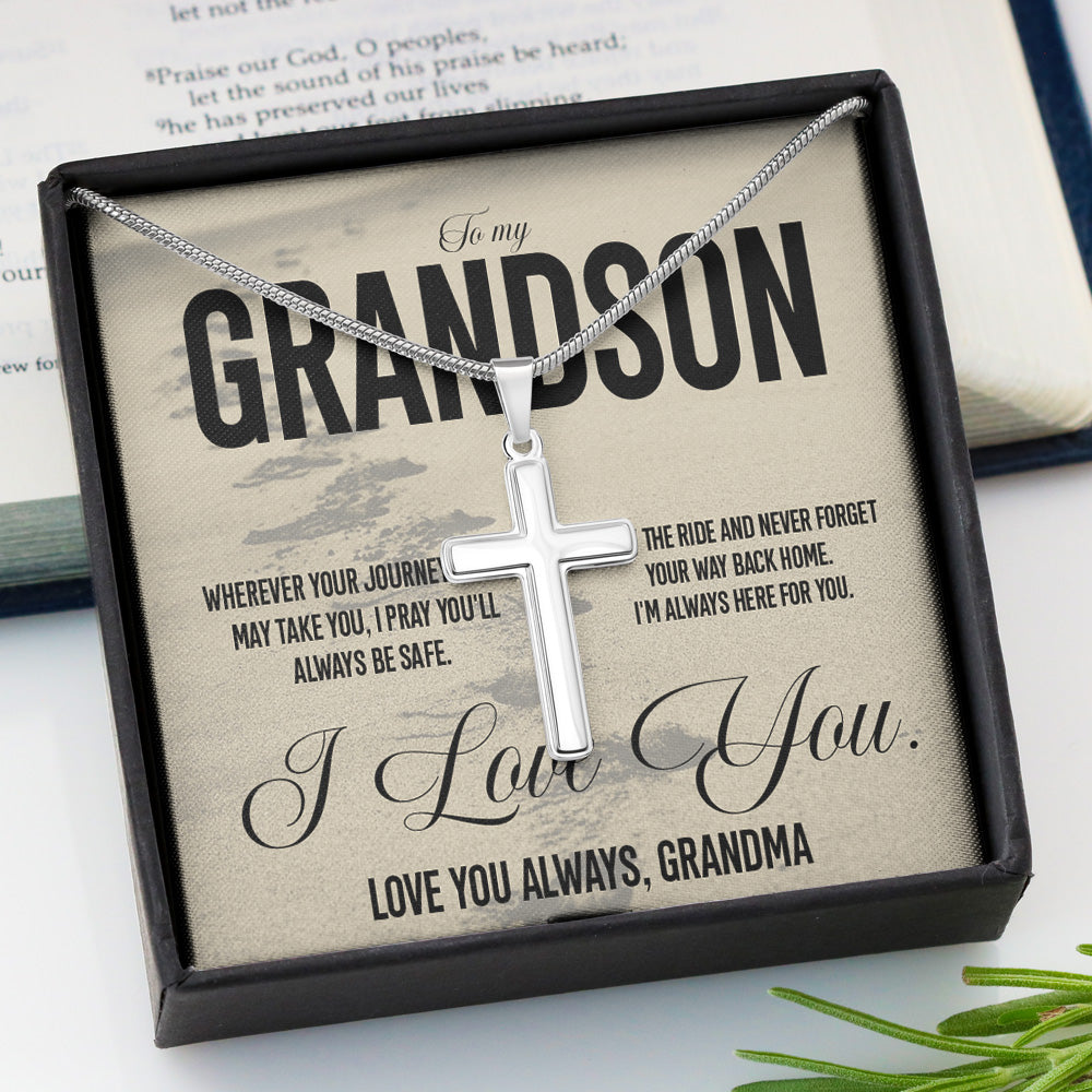 Personalized To My Grandson Stainless Cross Necklace From Grandparents Jewelry Gift For Grandson Wherever Your Journey In Life May Take You