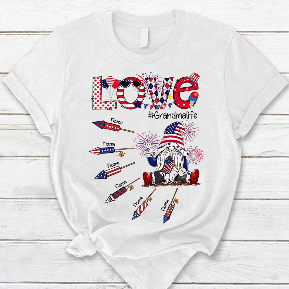 Personalized Love Grandmalife, Gnomes With Firecrackers, Cute 4Th Of July T-Shirt For Grandma