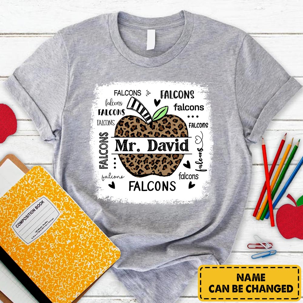 Personalized Falcons Custom Name Apple Leopard T-Shirt For Teacher