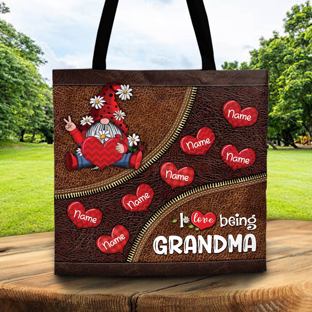 Personalized I Love Being Grandma Gnomes Load Of Hearts Printed Leather Pattern Tote Bag Grandma With Grandkids Tote Bag
