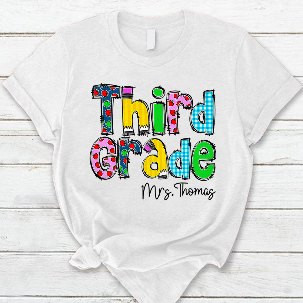 Personalized Third Grade Level And Title Shirt Cute Apple Pattern For Teacher Hk10