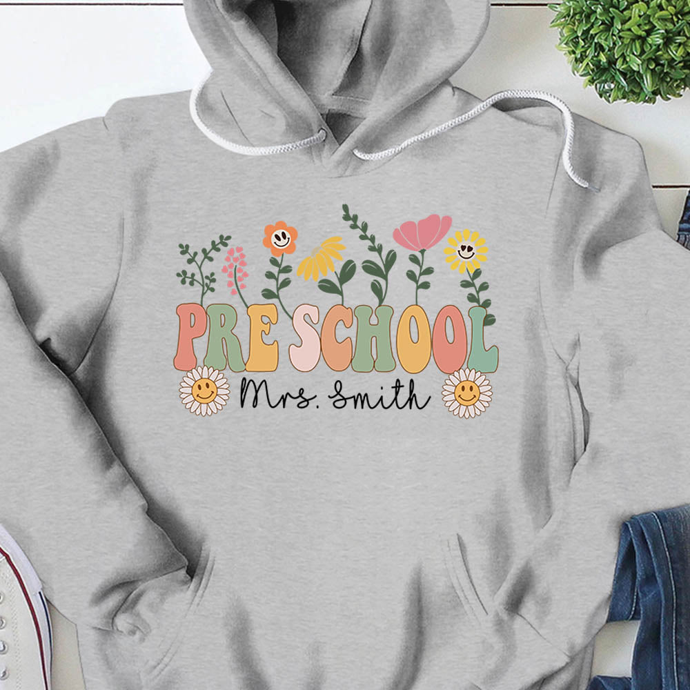 Personalized Kindergarten Teacher Tiny Humans Pencil Retro Vintage Flower  Back to School Shirt, Shirt Gift for Teacher, Custom School Levels Shirts