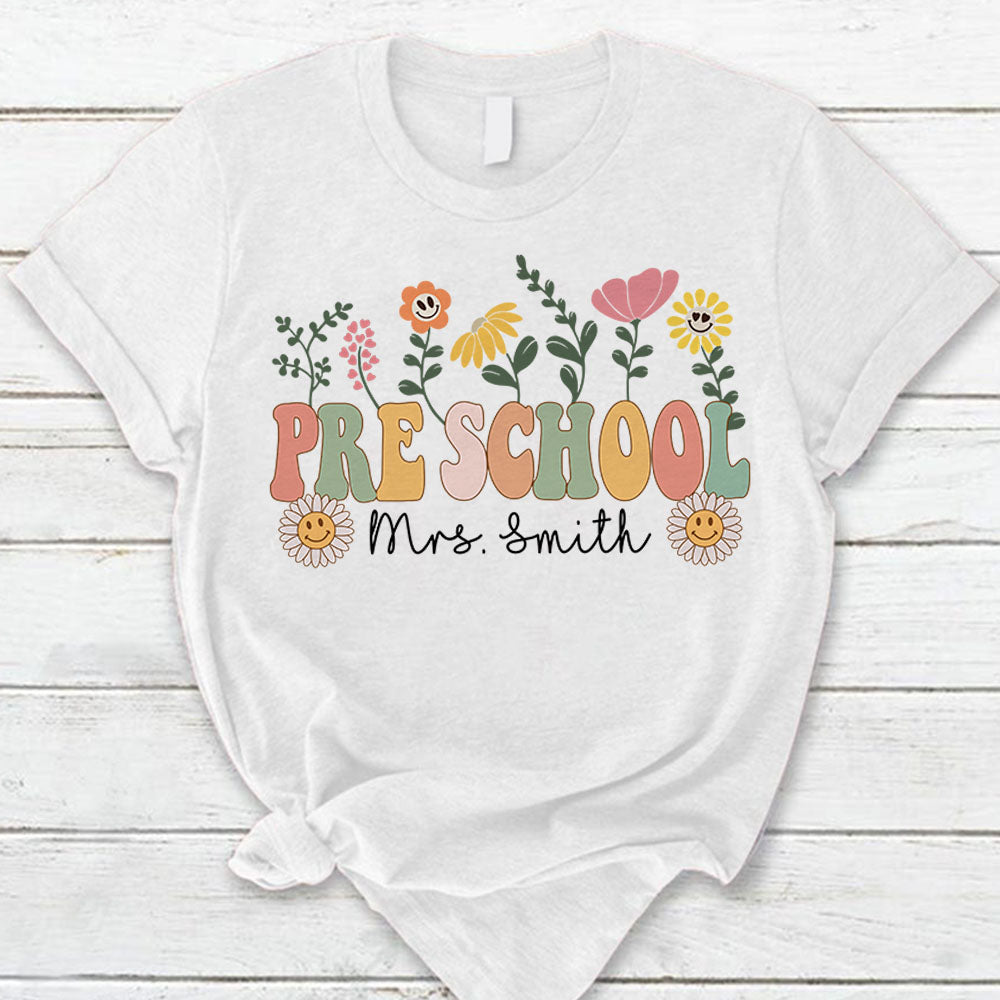 Personalized Kindergarten Teacher Tiny Humans Pencil Retro Vintage Flower  Back to School Shirt, Shirt Gift for Teacher, Custom School Levels Shirts