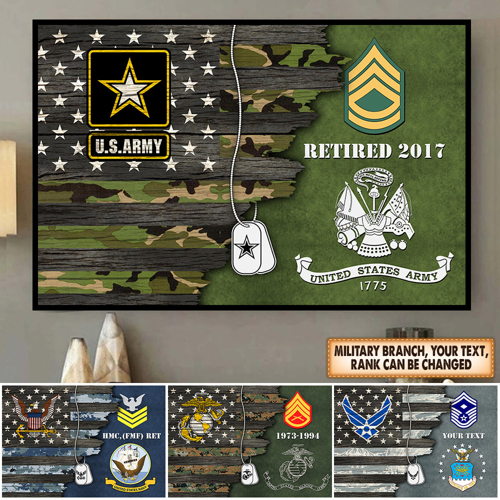 Personalized Canvas In Frame - Usa Half Flag With Military Ranks/Insignia - Personalized Name & Ranks K1702