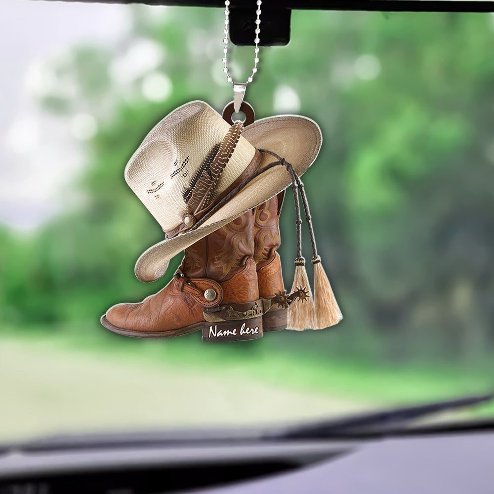 Boots And Hat Cowboy Personalized Car Ornament Gift For Cowgirl Horse Lovers