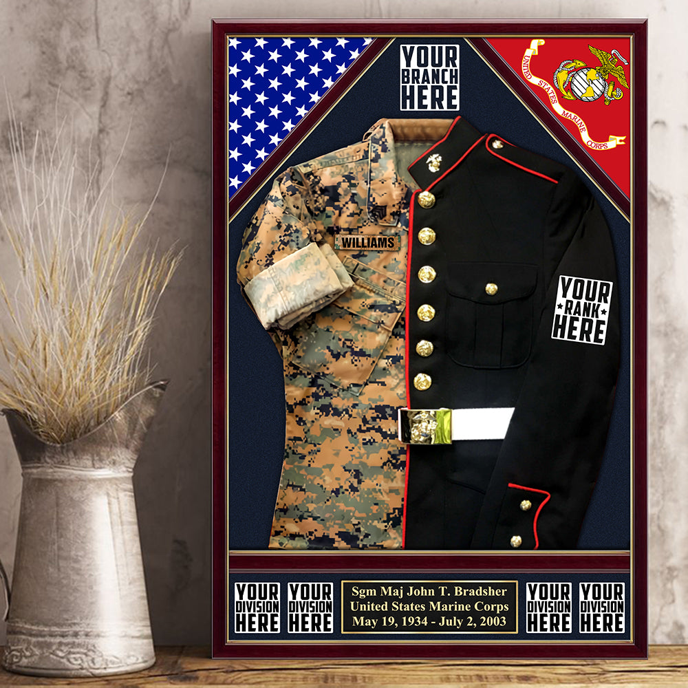 U.S. Military Shadow Boxes Camouflage and Dress Blues Uniform Personalized Poster Canvas For Military Veteran H2511
