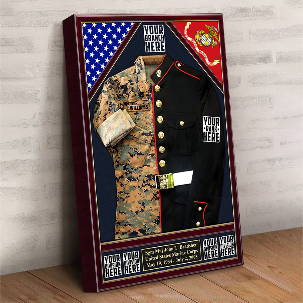 U.S. Military Shadow Boxes Camouflage and Dress Blues Uniform Personalized Poster Canvas For Military Veteran H2511