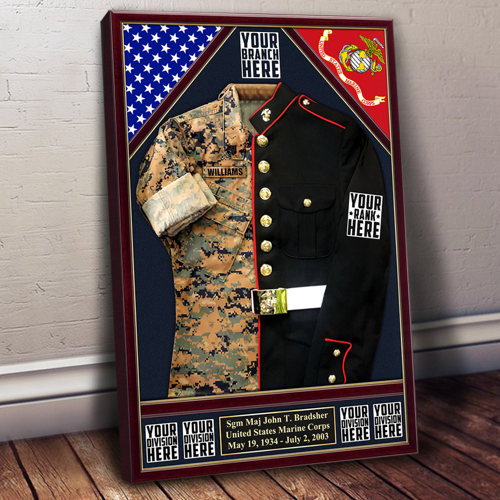 U.S. Military Shadow Boxes Camouflage and Dress Blues Uniform Personalized Poster Canvas For Military Veteran H2511