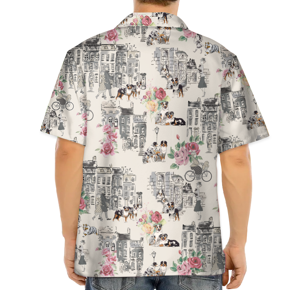 Australian Shepherd Walking With Woman In Urban Hawaiian Shirt