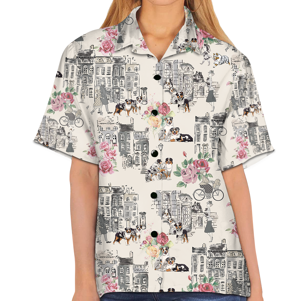 Australian Shepherd Walking With Woman In Urban Hawaiian Shirt