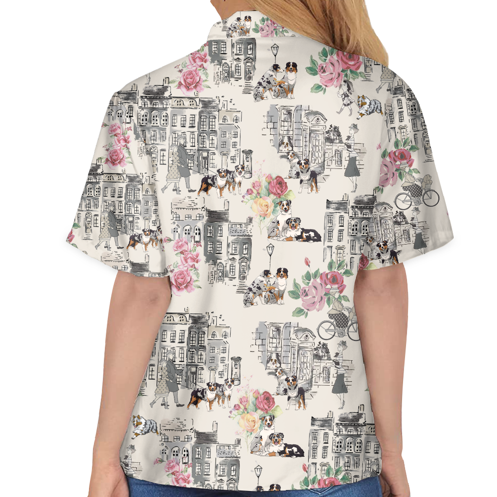 Australian Shepherd Walking With Woman In Urban Hawaiian Shirt