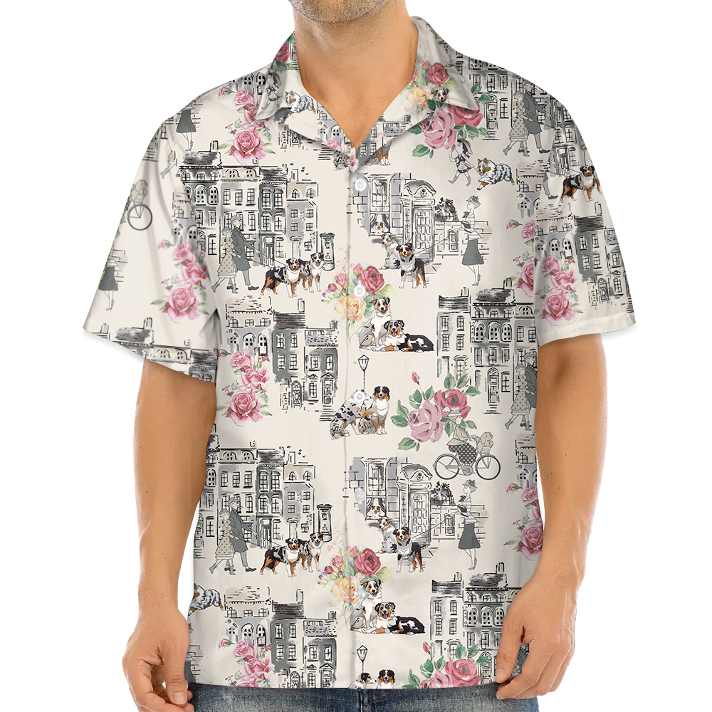 Australian Shepherd Walking With Woman In Urban Hawaiian Shirt