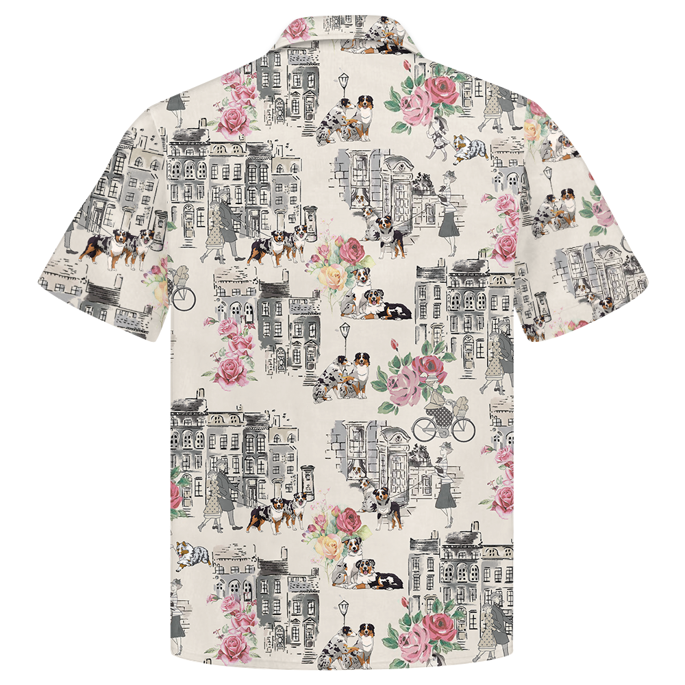Australian Shepherd Walking With Woman In Urban Hawaiian Shirt