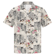 Australian Shepherd Walking With Woman In Urban Hawaiian Shirt