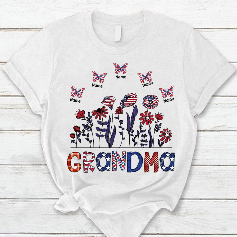 Personalized Grandma Wildflowers Shirt 4Th Of July, Custom Butterflies Kidnames Gift For Grandma Mimi