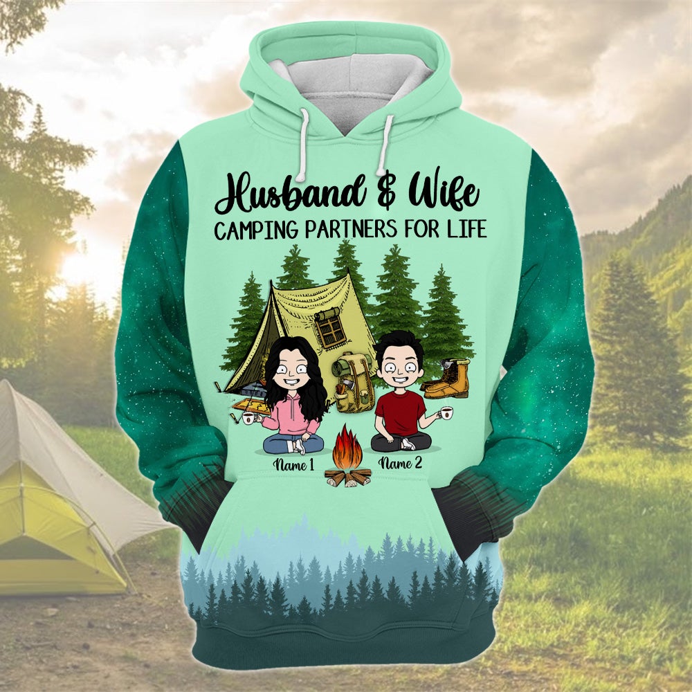 Personalized Husband And Wife Camping Partners For Life 3D Shirt Funny Couple Camping 3D All Over Print Shirt Hoodie Zip Hoodie