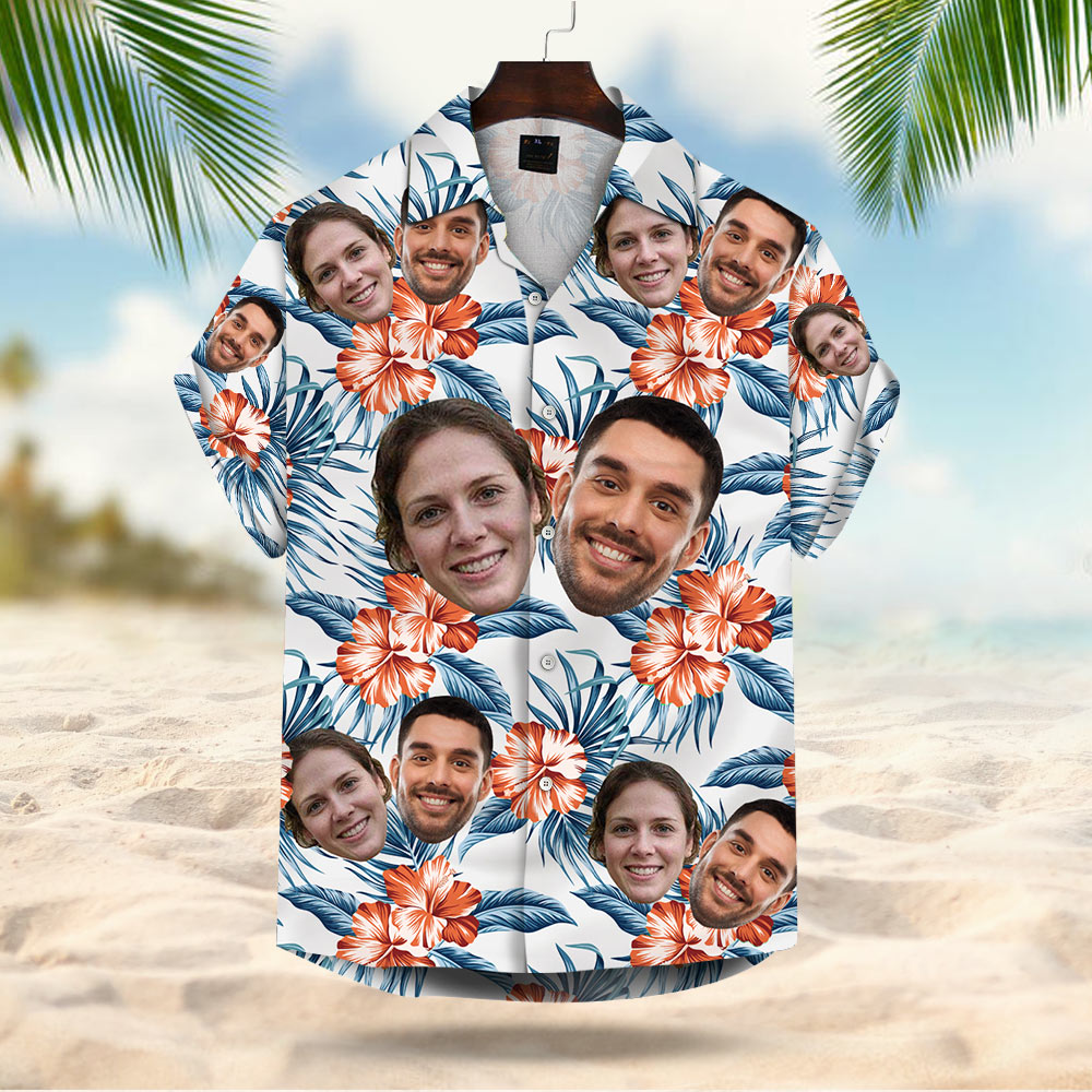 Custom Face Leaves & Flowers Pattern Hawaiian Shirt For Men For Her Gift For Family