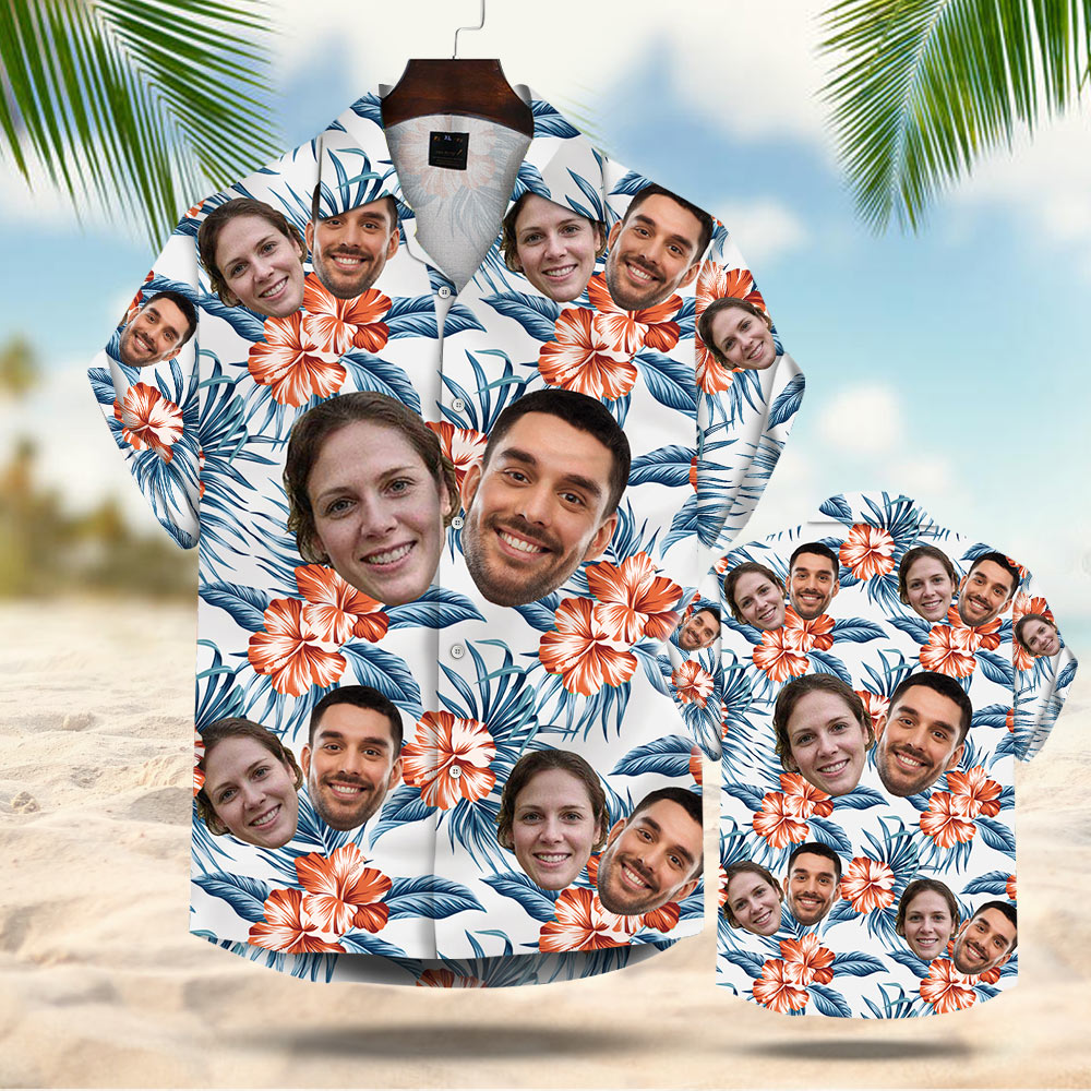 Custom Face Leaves & Flowers Pattern Hawaiian Shirt For Men For Her Gift For Family
