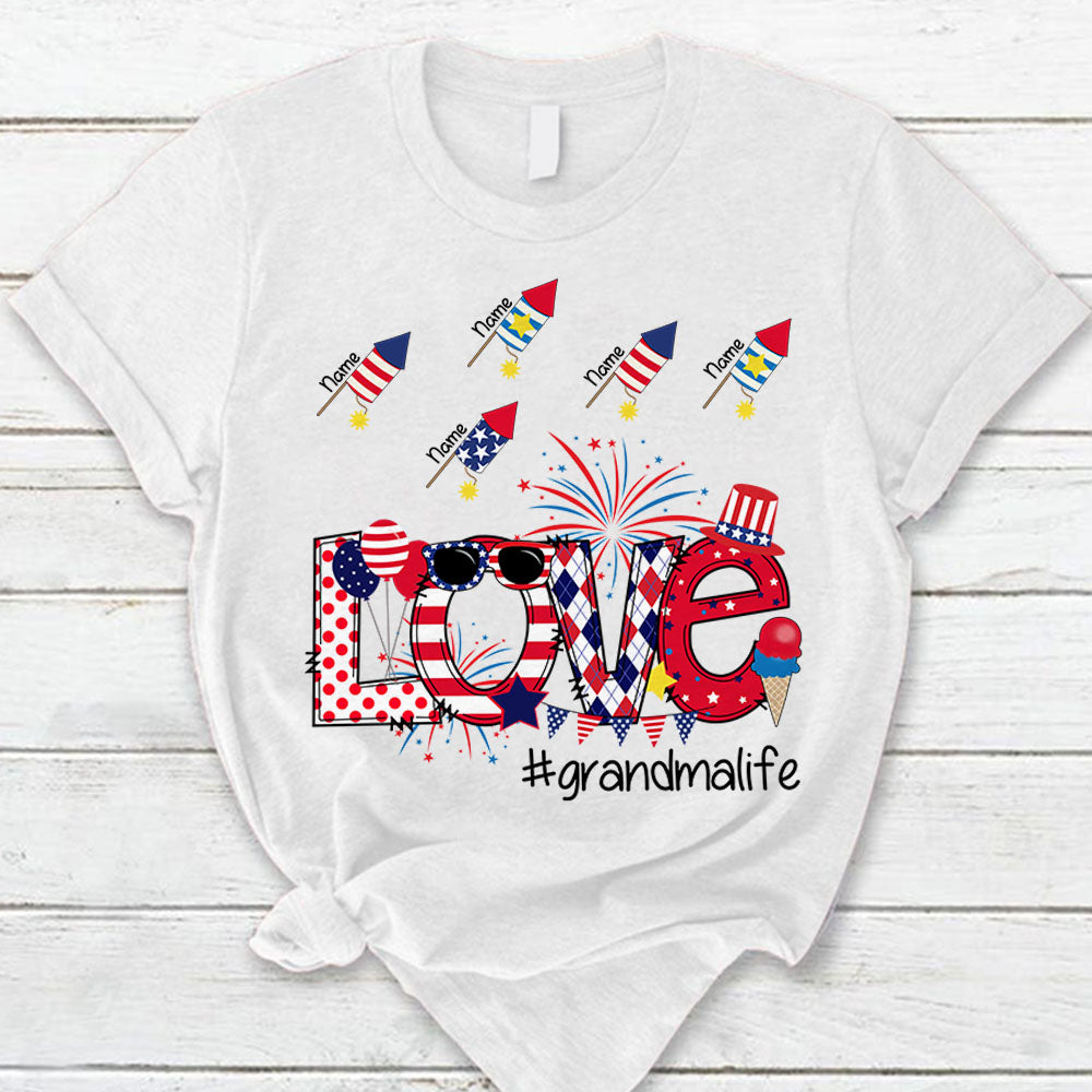 Personalized Love Grandmalife, Cute Font With Firecrackers Grandkids Name, 4Th Of July T-Shirt For Grandma