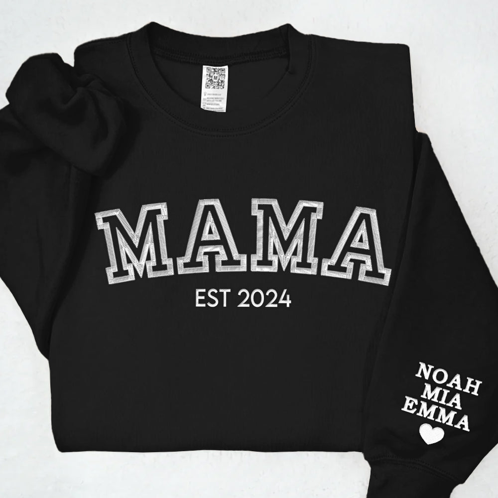Personalized Mama Embroidered Sweatshirt With Kid Names On Sleeve, Mothers Day Gift, Birthday Gift For Mom, New Mom Gift