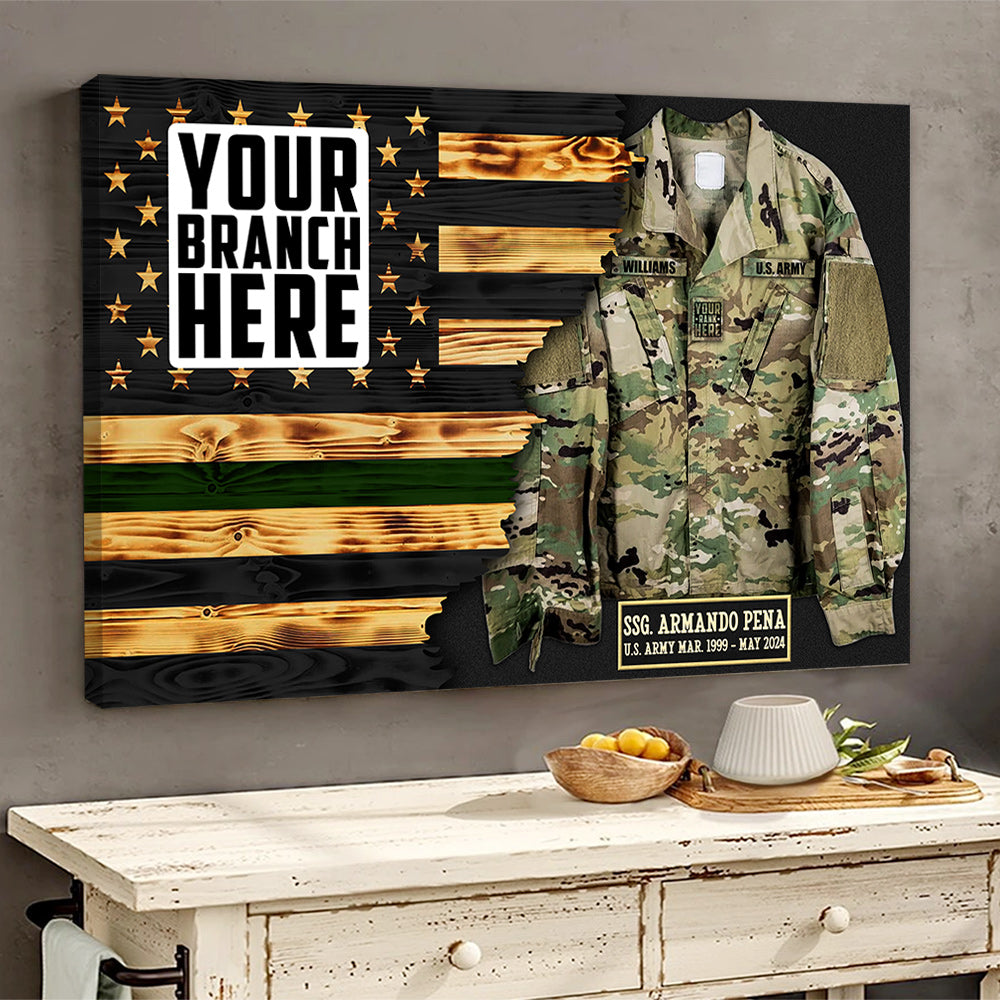 Custom Camouflage Uniform Division Rank Half Thin Green Line Personalized Poster Canvas For Veteran Wall Art Gift H2511