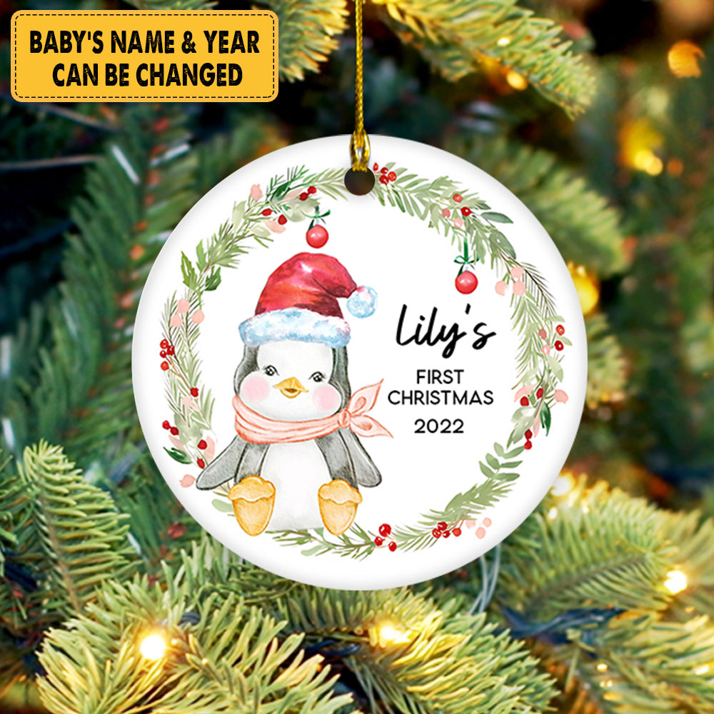Personalized First Christmas Baby Penguin New Baby First Christmas Circle Ornament