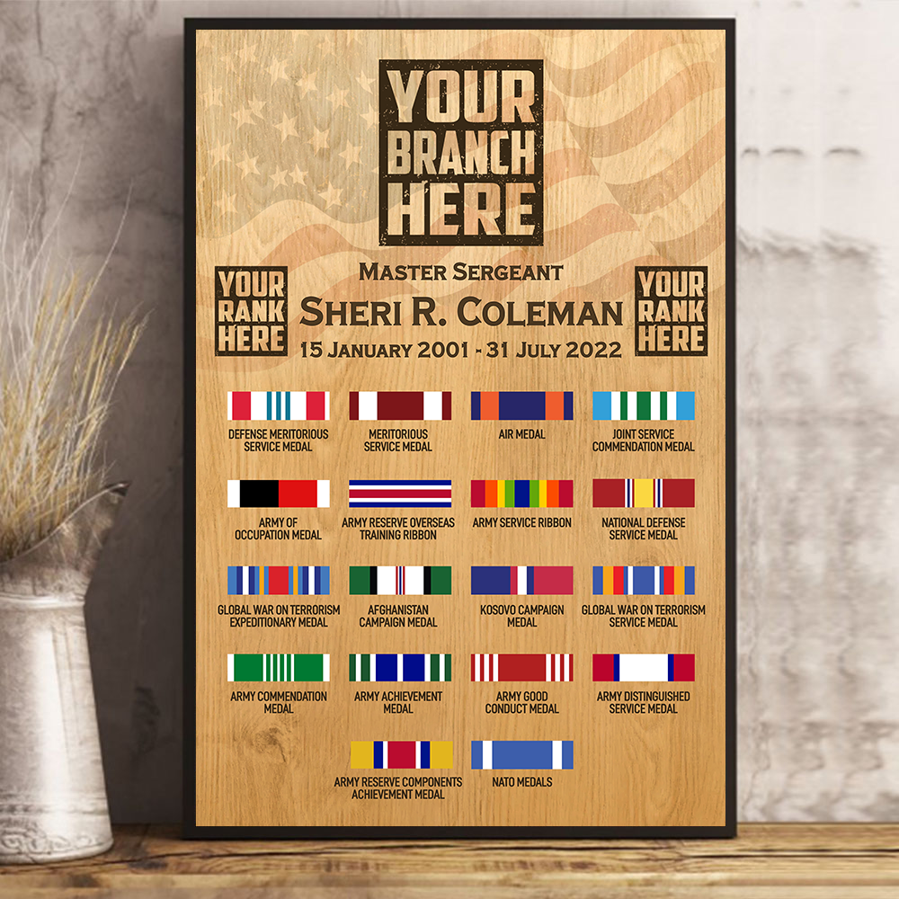 Custom Canvas and Poster For Veteran Custom Veteran Information Rank Medal Ribbon Canvas For Veteran Proud Served K1702