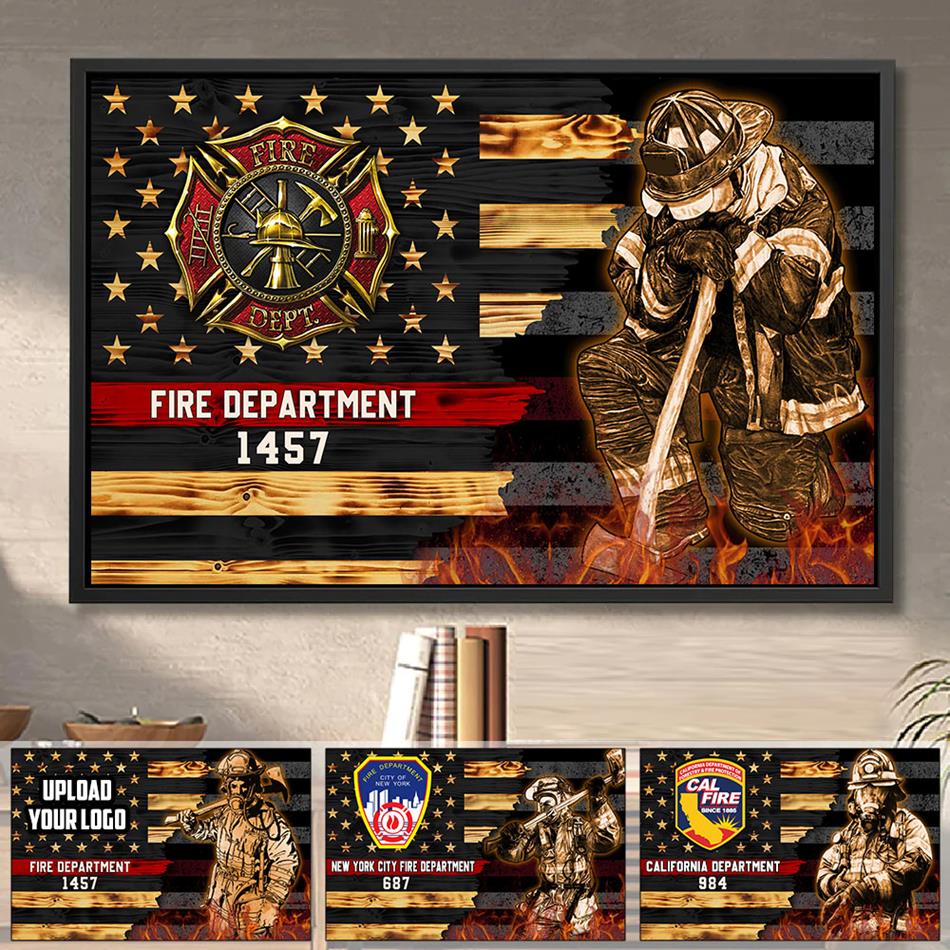Half Thin Red Line Bunker Gear With Unit Number & Name, Personalized Firefighter Canvas Print, K1702