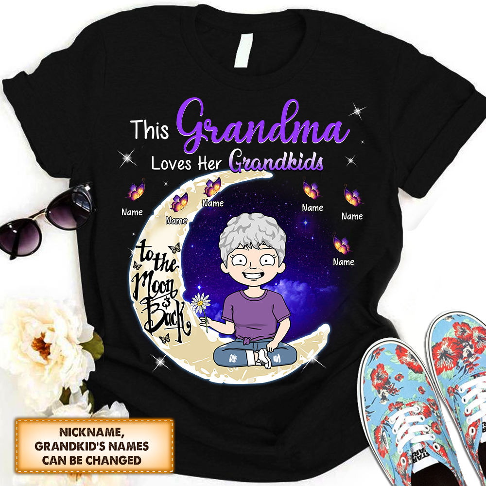 Personalized This Grandma Loves Her Grandkids To The Moon And Back, Moon And Butterflies Shirt For Grandma,