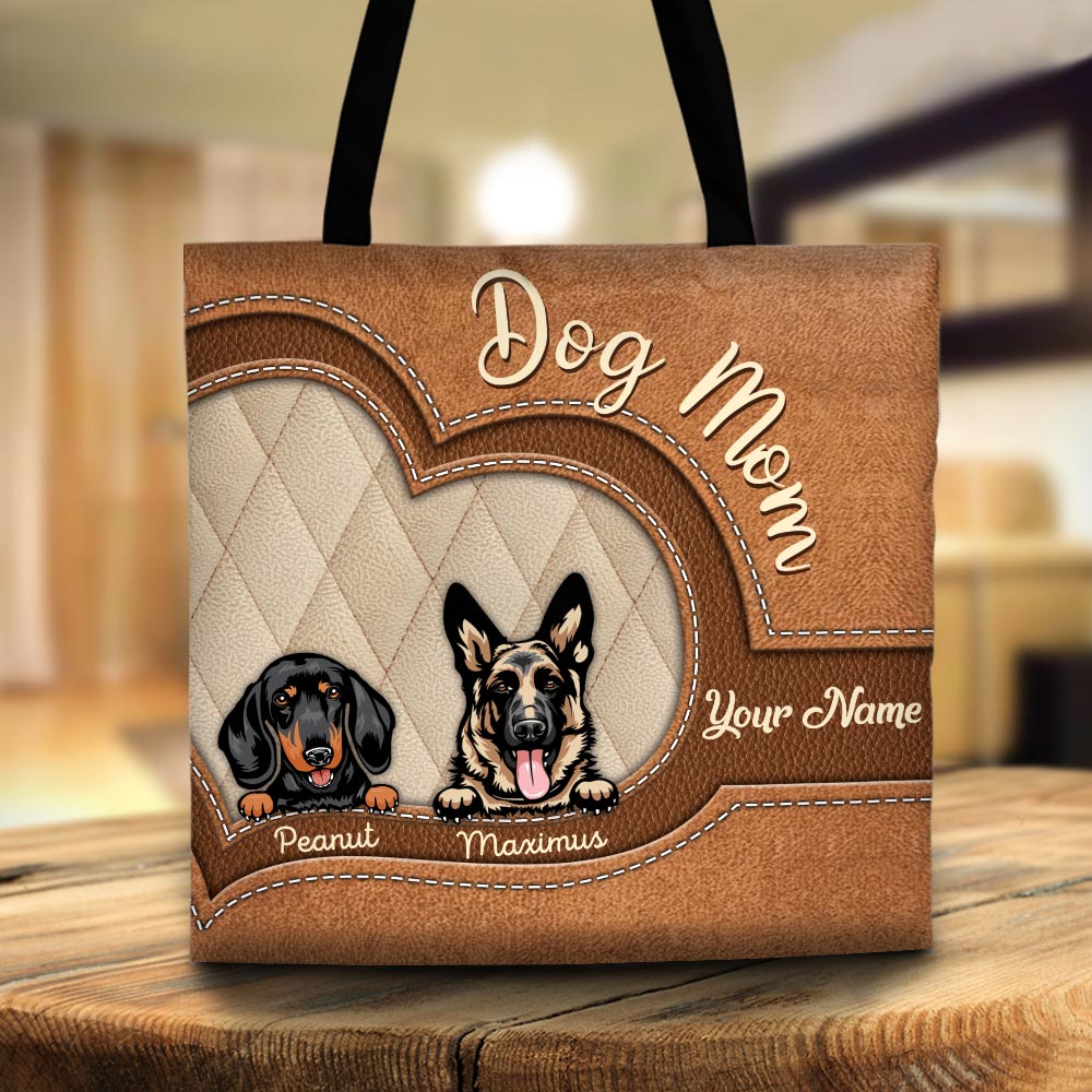 Personalized Dog Mom Tote Bag Dog Mom With Dog Breed Leather Pattern Tote Bag For Dog Mom - Custom Gifts For Dog Lovers