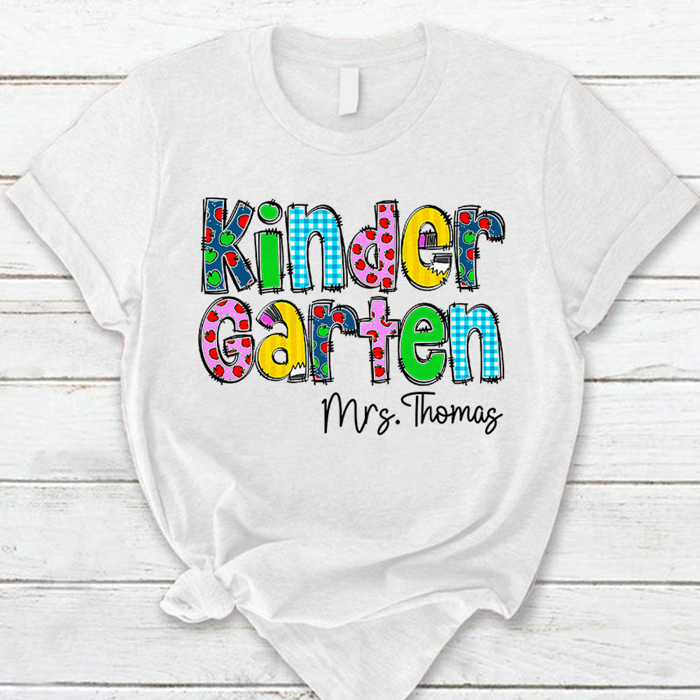 Personalized Kinder Garten Grade Level And Title Shirt Cute Apple Pattern For Teacher Hk10