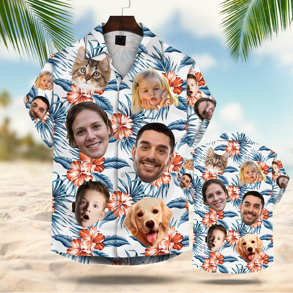 Custom Dog Cat Face Leaves & Flowers Custom Hawaiian Shirt With Multiple Faces