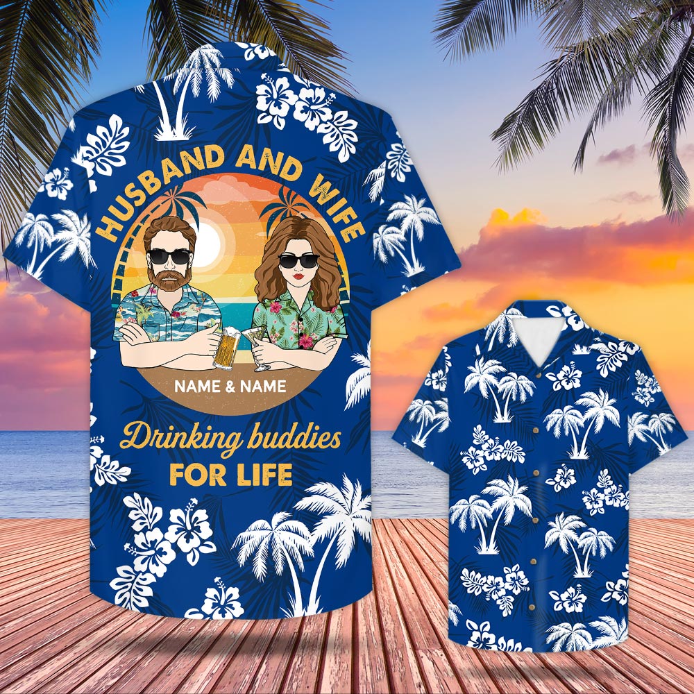 Personalized Husband And Wife Drinking Buddies For Life, Blue And Hibiscus Hawaiian Shirt For Couple