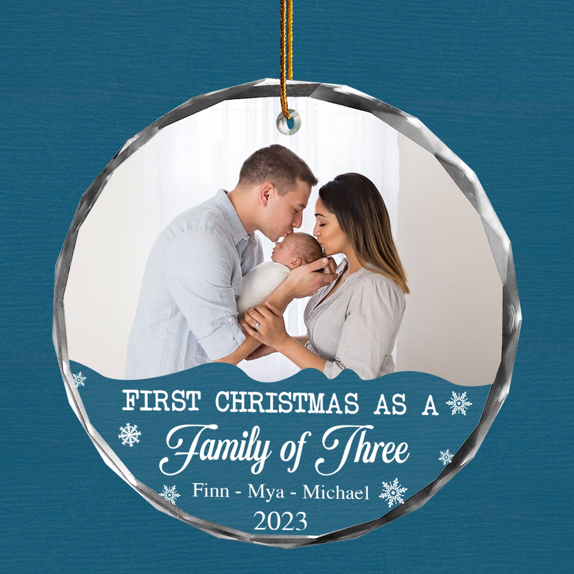 Personalized Family Photo Ornament - First Christmas As A Family of Three, Gift For Parents
