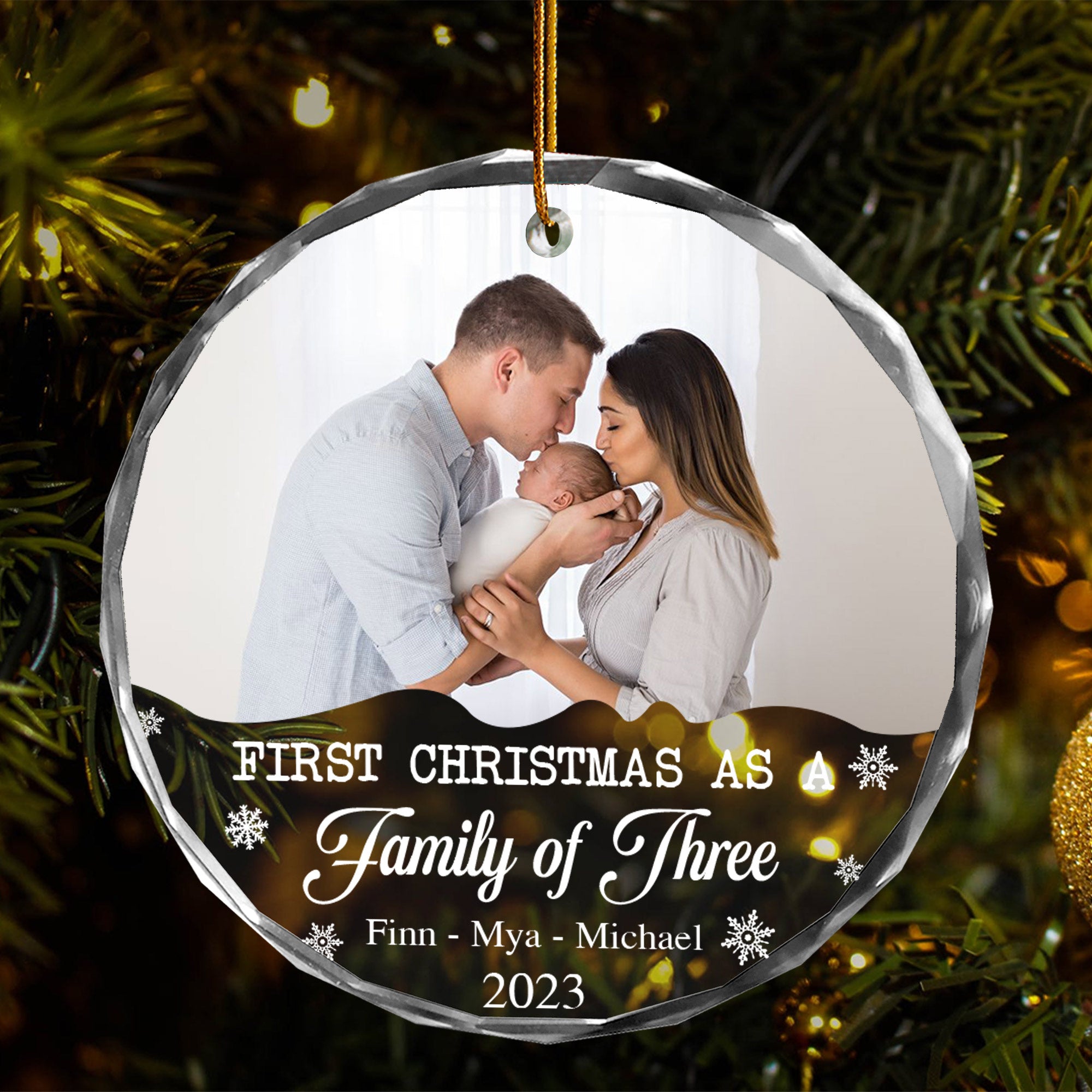 Personalized Family Photo Ornament - First Christmas As A Family of Three, Gift For Parents