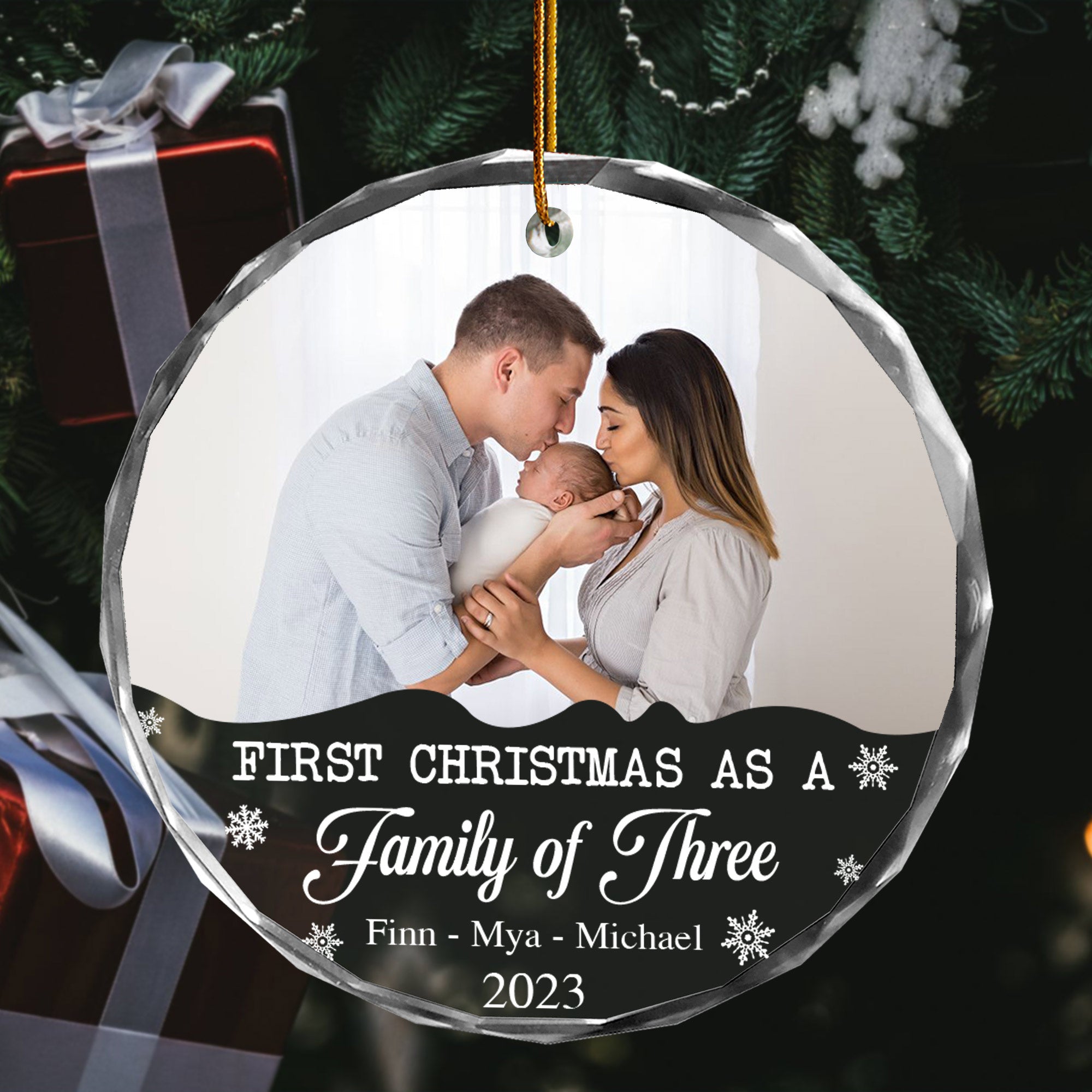Personalized Family Photo Ornament - First Christmas As A Family of Three, Gift For Parents