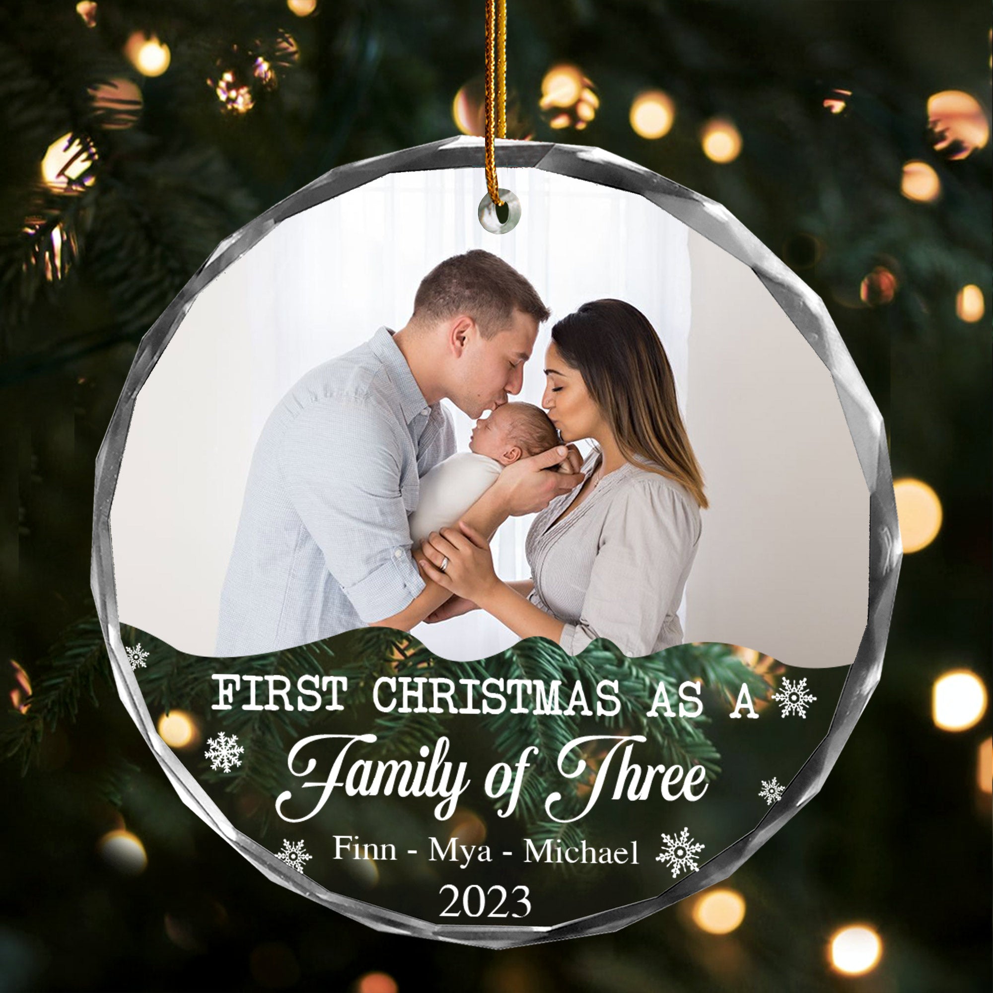 Personalized Family Photo Ornament - First Christmas As A Family of Three, Gift For Parents