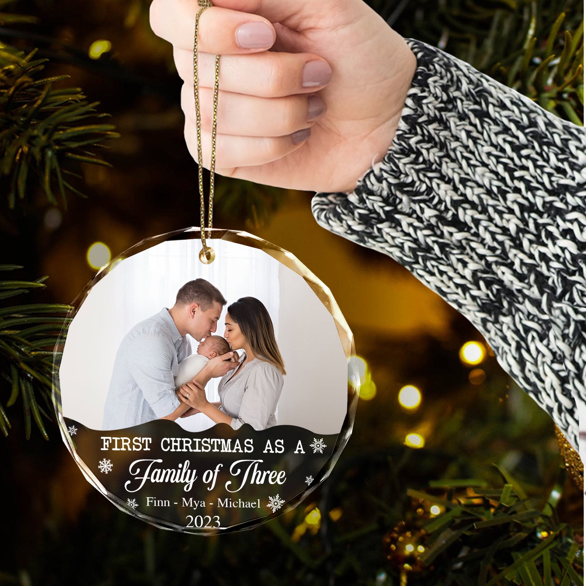 Personalized Family Photo Ornament - First Christmas As A Family of Three, Gift For Parents