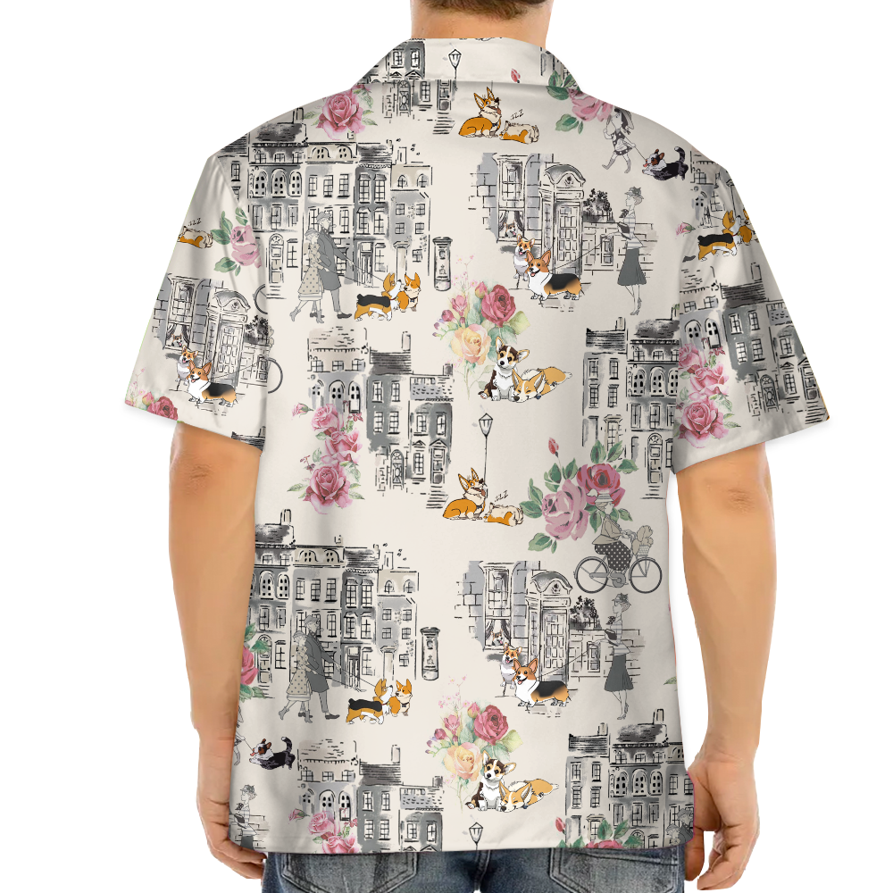 Corgi Walking With Woman In Urban Hawaiian Shirt