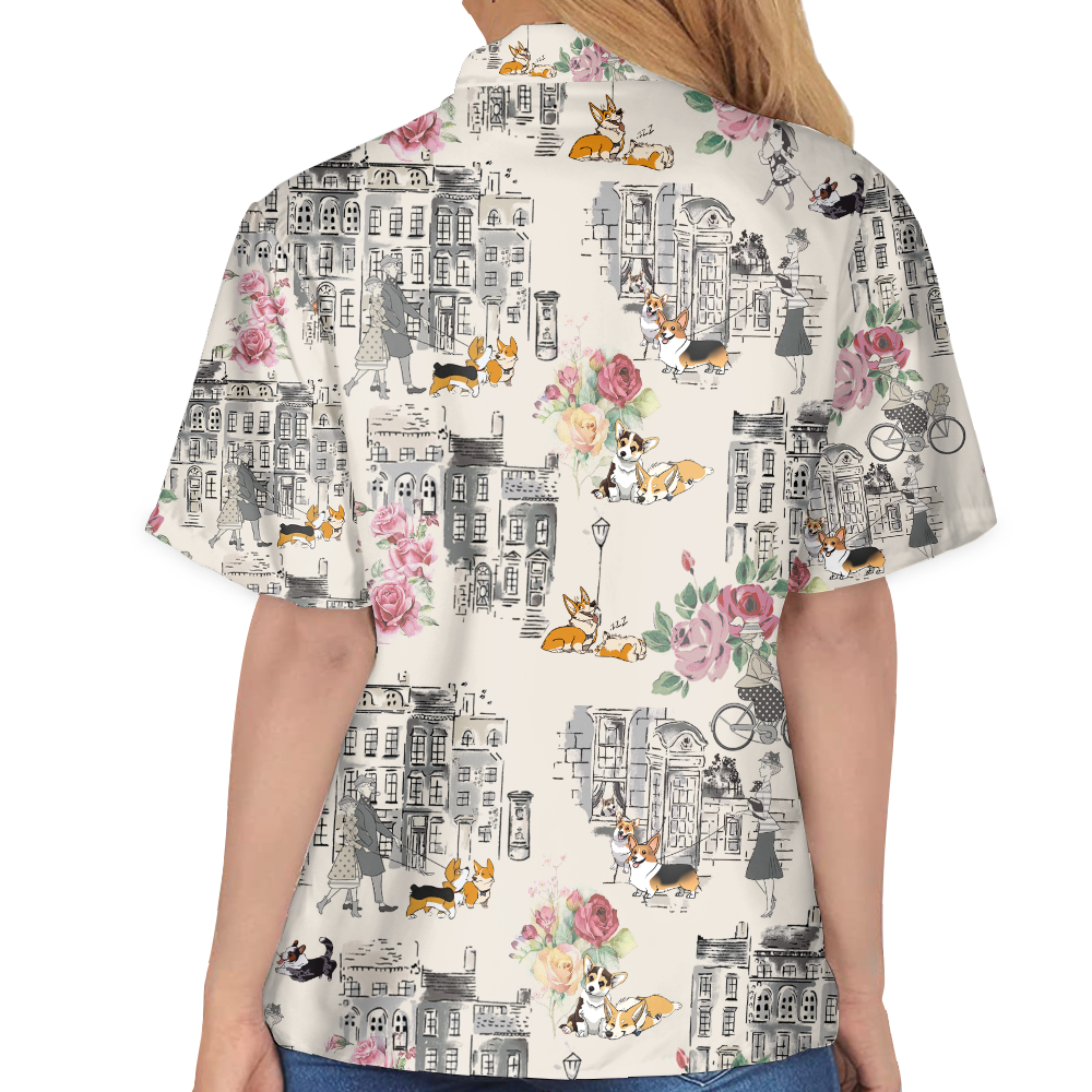Corgi Walking With Woman In Urban Hawaiian Shirt