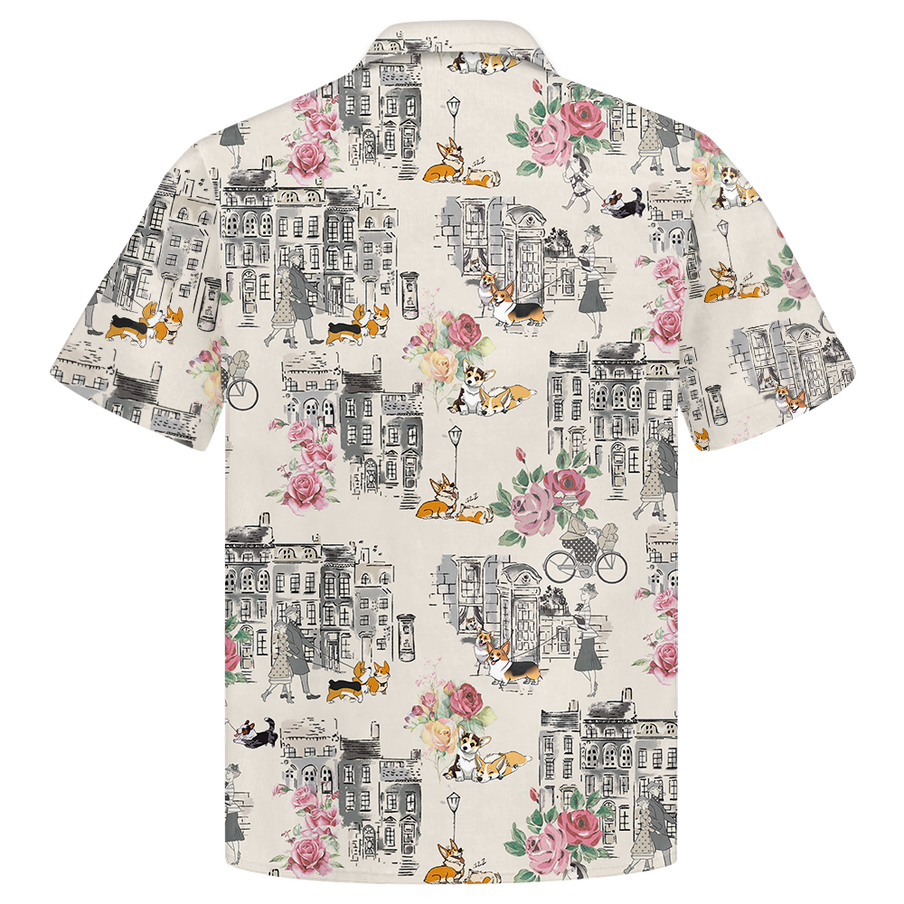 Corgi Walking With Woman In Urban Hawaiian Shirt